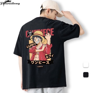 Puruiong เสื้อยืดคอกลม แขนสั้น ทรงหลวม พิมพ์ลายอนิเมะ One Piece Luffy โอเวอร์ไซซ์ สําหรับผู้ชาย และผู้หญิง ไซซ์ M-5XL