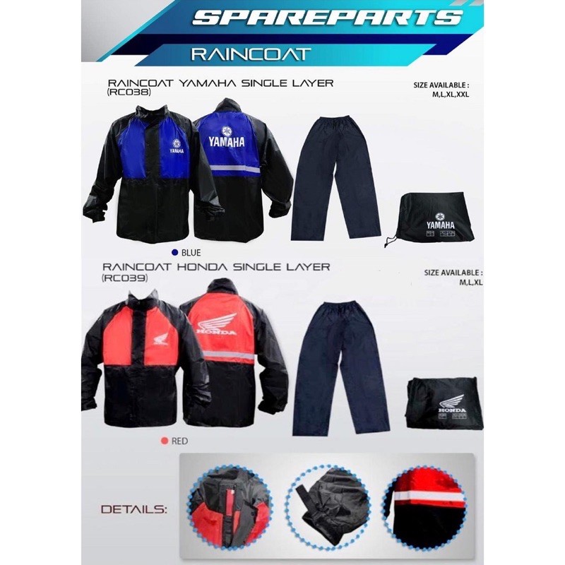 Yamaha (สีน้ําเงิน) / Honda (สีแดง) เสื้อกันฝนชั้นเดียวพร้อมกางเกง Baju Hujan เสื้อกันฝน 1 ชุด