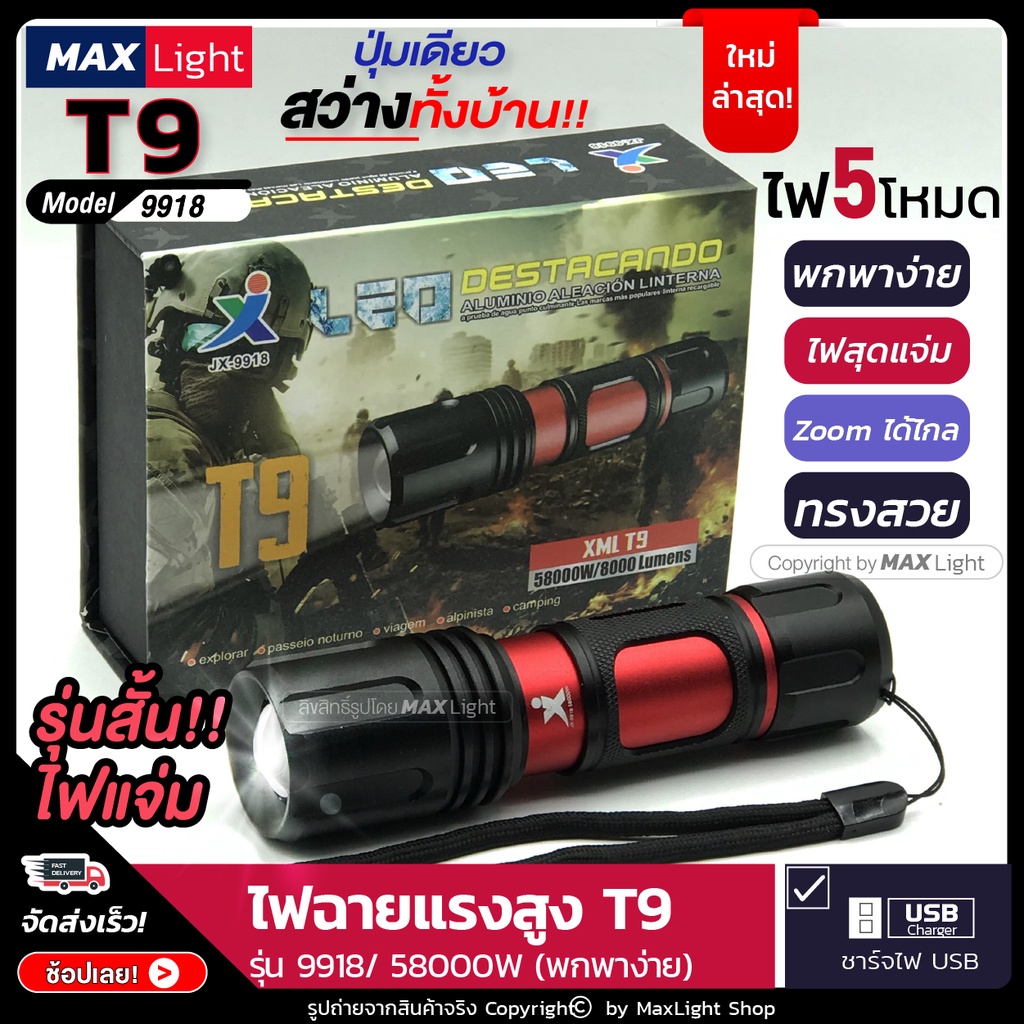 MaxLight (ใหม่ เล็กกะทัดรัด) ไฟฉาย T9 สว่างแรงสูง หมุน Zoom ส่องได้ไกลได้ (รุ่น 9918/ 58000W) ไฟ 5 โหมด มีไฟกระพริบ