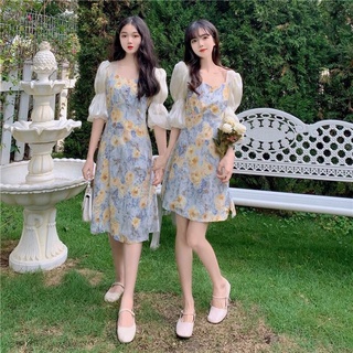 ♚Sowa💙ชุดเดรส 💙ดอกไม้สีเหลือง แขนพองแนวสาวเกาหลี เดรสกระโปรงสั้น-ยาว ผ้านิ่ม 46-47