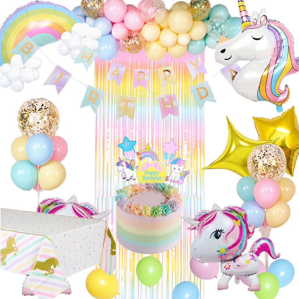 Set Mmtx Unicorn Party Decorations Supplies Huge 3d Unicorn Balloons Happy Birthday Banner Rainbow Balloon Star Balloo Shopee Thailand