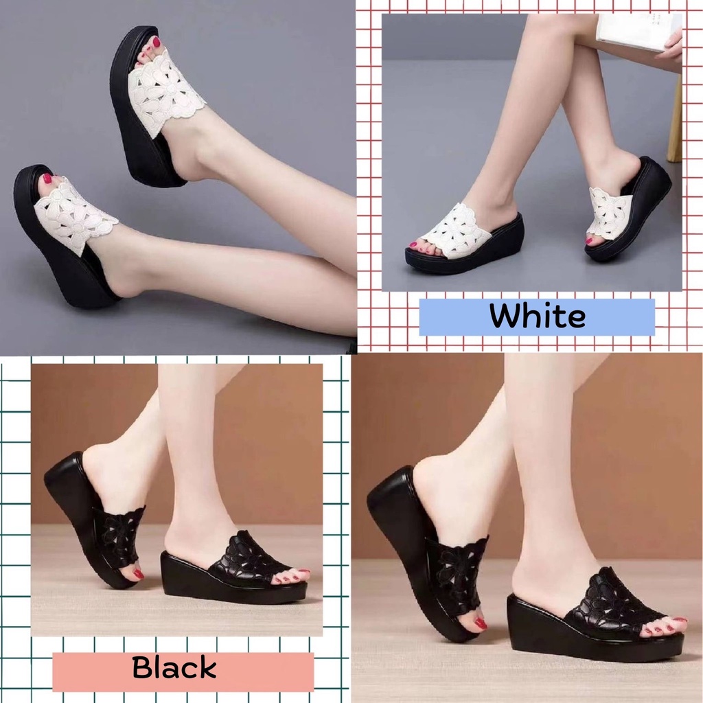 รองเท้าแตะแบบสวม ส้นตึก ดีไซด์เก๋ลายดอกไม้ มี2สี 2B2