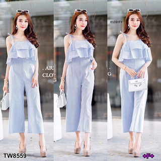 8559 Jumpsuit จั๊มสูทผูกไหล่ลายริ้วระบายอก2ชั้น