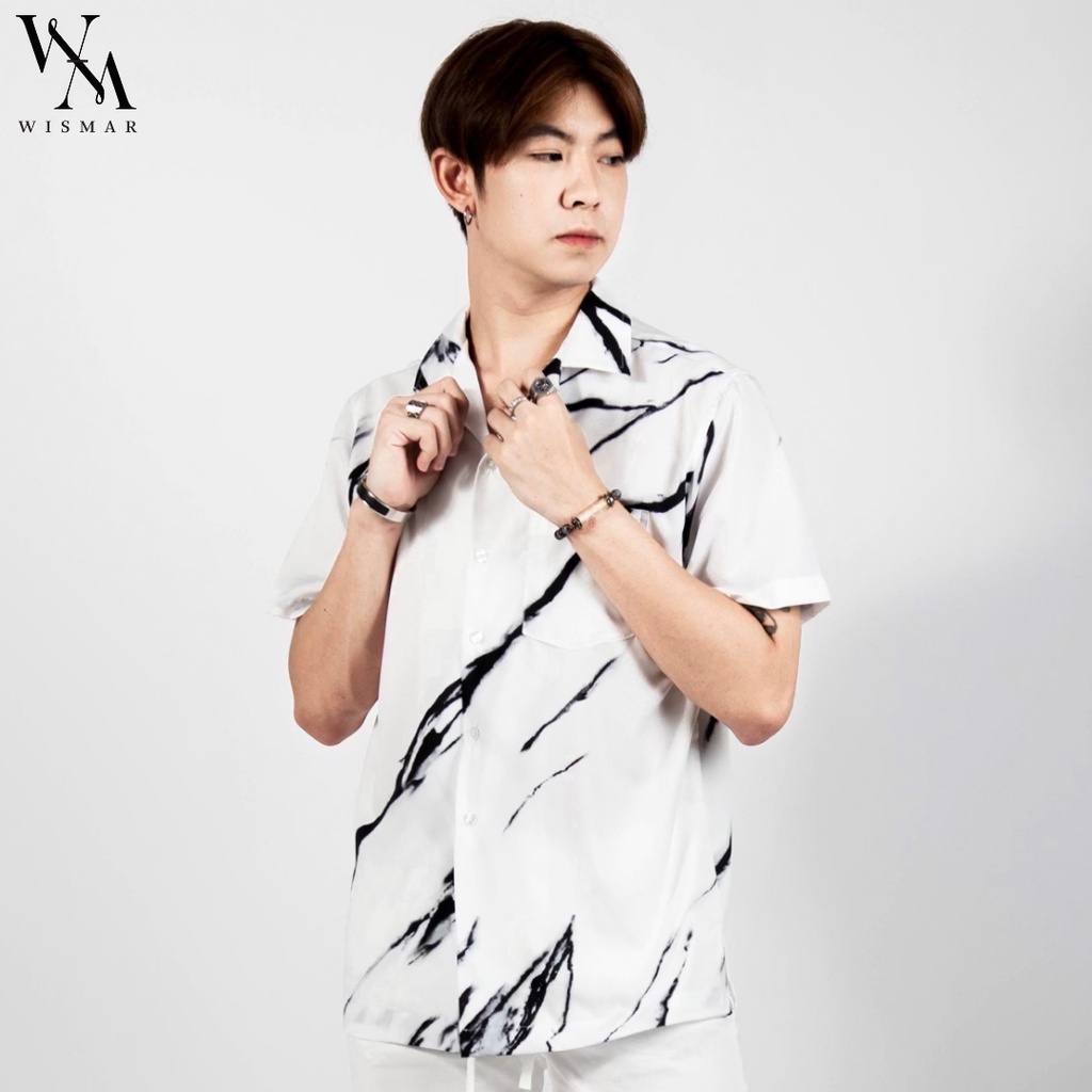 เสื้อเชิ้ตฮาวายแขนสั้น ผ้าไหมอิตาลี 100% (สีขาว) : Hawaii White Marble Shirt (Short-sleeved)