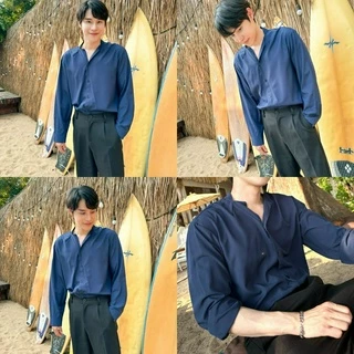 S13 เสื้อเชิ้ตคอวีตะเข็บ แขนยาว สีพื้น สไตล์เกาหลี