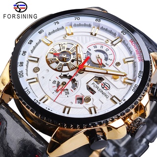 Forsining Automatic Men Watch Casual Golden Date Polish Black Leather Belt Mechanical Watches Waterproof Clock Relogio M