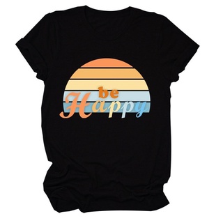 เสื้อยืด Be Happy Striped Women T Shirt Short Sleeve O Neck Tshirt Ladies Tee Shirt Tops T-shirt