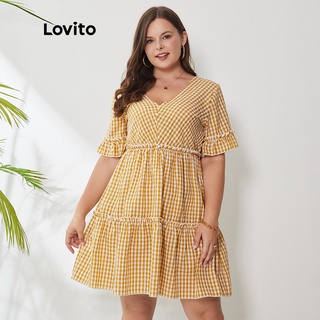 Lovito Plus Size Curve ชุดเดรสลําลอง ลายสก็อต สีเหลือง ใส่สบาย พลัสไซซ์ LPS01016