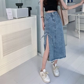 Swan shop 🎗พร้อมส่ง🎗 กระโปรงยีนส์ยาวปานกลางผ่าข้าง ผูกโบว์ได้ สำหรับฤดูร้อน แนวหวาน สไตล์เกาหลี รุ่นใหม่