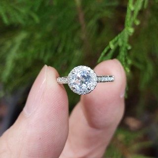 แหวนตัวเรือนเงินแท้ 92.5 % ประดับพลอยเพทาย สีขาว ( White Zircon) ไซส์53 / 6.5 US พลอยแท้จากประเทศกัมพูชา (เขมร)