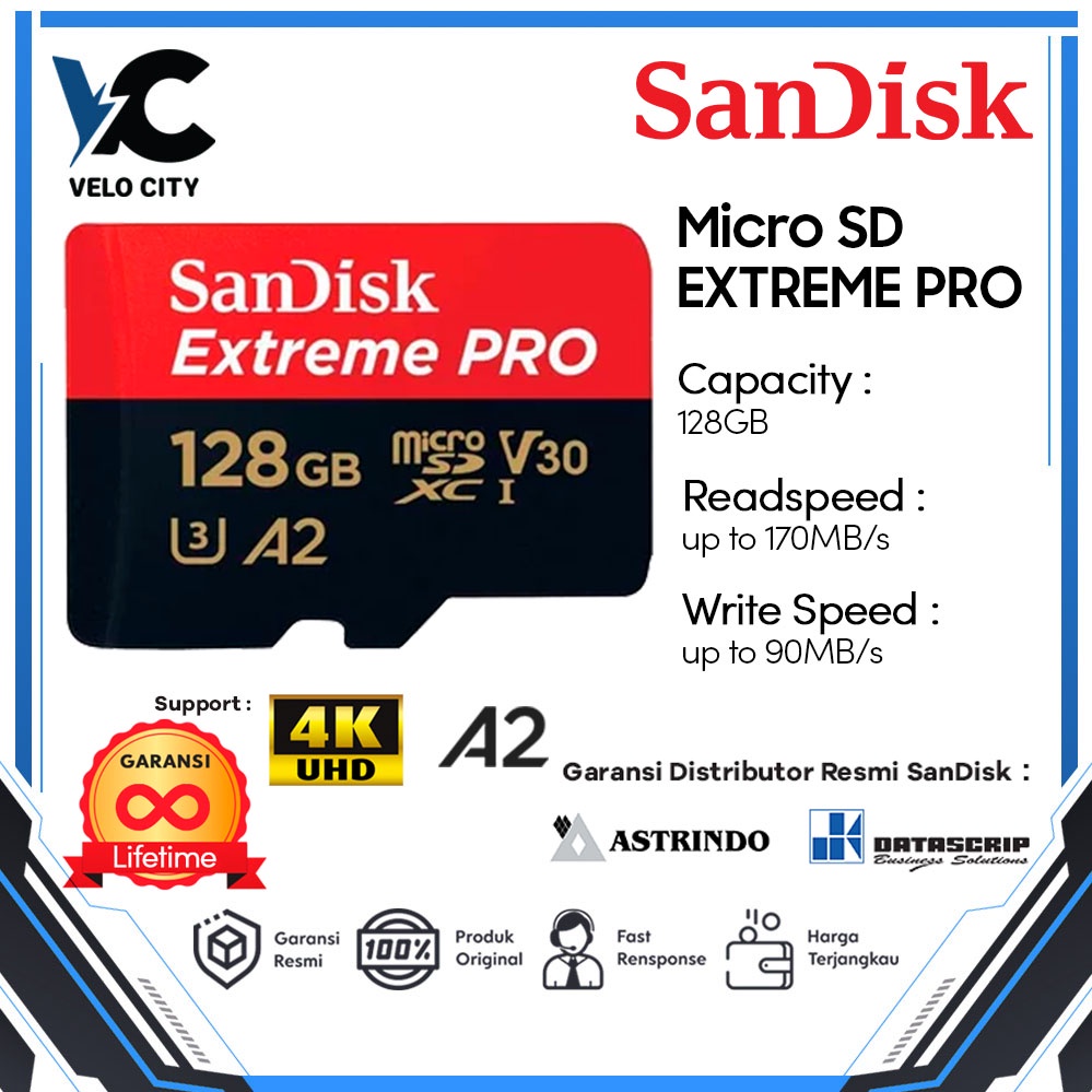 การ์ดหน่วยความจํา Microsd Sandisk 128GB SDXC - SD XC Sandisk Extreme PRO 128GB 170MBps Original 5. รับประกัน
