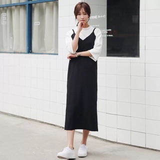 #สินค้านำเข้า White tee x maxi black deess