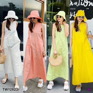 Maxi Dress เดรสยาวทรงเอ คอกลม แขนกุด เย็บตัดต่อมีกระเป๋าข้างสองข้าง