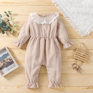 LAA6-Baby Girls Color Block Puff Sleeve Round Neck Lace Romper