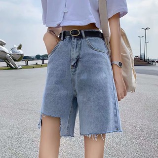 CICISHOP👖พร้อมส่ง👖กางเกงขาสามส่วนแต่งขาดไม่เท่ากันแบบเซอร์ๆ สุดฮอตตต(02)