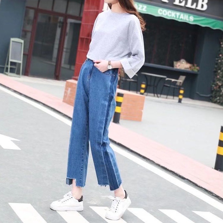 SHOP_MKL กางเกงยีนส์ขายาวแฟชั่น แต่งแถบข้างทั้งสองข้าง#1053