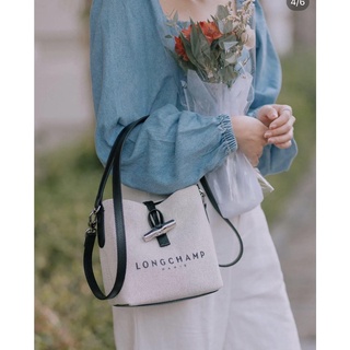 longchamp womans canvas foldable shopping bucket handbag crossbody shoulder bag