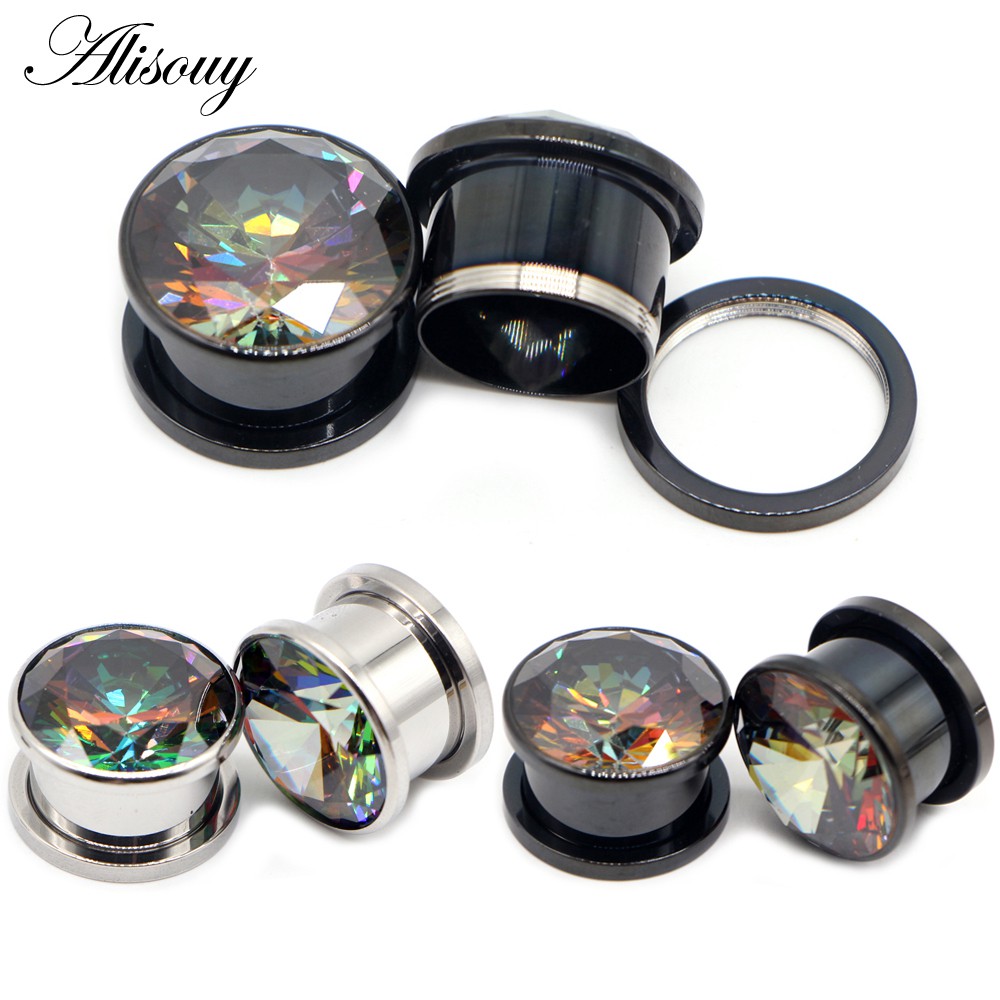 Alisouy 2 ชิ้นสแตนเลส Zirconia คริสตัลสกรูอุโมงค์หูปลั๊ก Expander Stretcher Gauges ต่างหู Body เจาะเครื่องประดับ