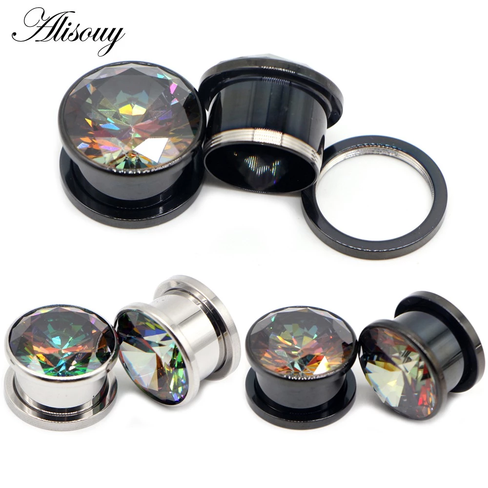 Alisouy 2 ชิ้นสแตนเลส Zirconia คริสตัลสกรูอุโมงค์หูปลั๊ก Expander Stretcher Gauges ต่างหู Body เจาะเครื่องประดับ