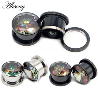 Alisouy 2 ชิ้นสแตนเลส Zirconia คริสตัลสกรูอุโมงค์หูปลั๊ก Expander Stretcher Gauges ต่างหู Body เจาะเครื่องประดับ