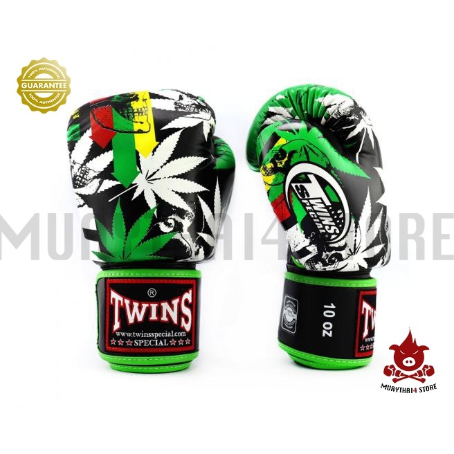 นวมชกมวย TWINS SPECIAL BOXING GLOVES FBGV 54 Green Color / Leaf นวมต่อยมวย หนังแท้ สีเขียว ลายใบไม้
