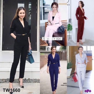 PE1660 Jumpsuit จั้มสูทขายาวคอปกเชิ้ต ดูลุคเรียบหรู สีพื้นผ้าซ่าร่า ทรงสวย