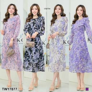 TT17877 เดรสยาวแขนยาว ไหล่ระบาย พิมลาย Long dress, long sleeves, ruffled shoulders, printed pattern ..