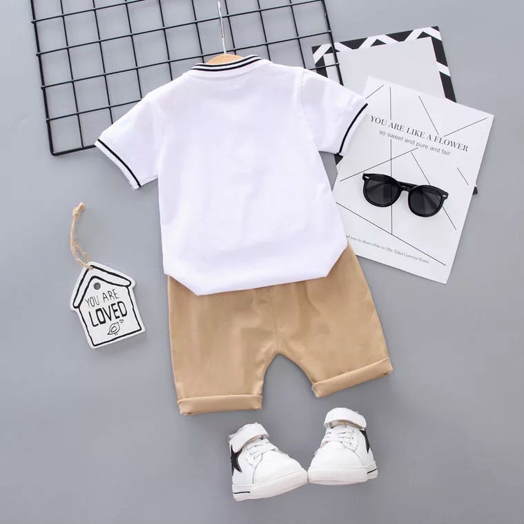 Baby ชุดเด็กเซต 2 ชิ้น เสื้อเชิ้ต แขนสั้น ลายหมี + กางเกง เอวยางยืด (สีขาว) เสื้อผ้าเด็ก