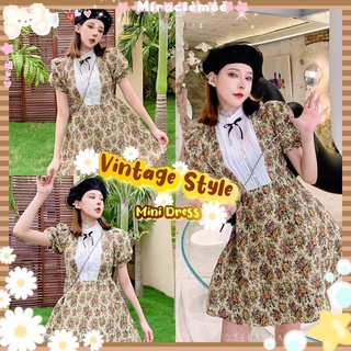 Vintage Style เดรสลายดอกไม้ คอปีน ช่วงอกแต่งโบว์น่ารักๆ ฟรุ้งฟริ้งสุด เดรสคอกลมลายดอกไม้ งานป้ายypy