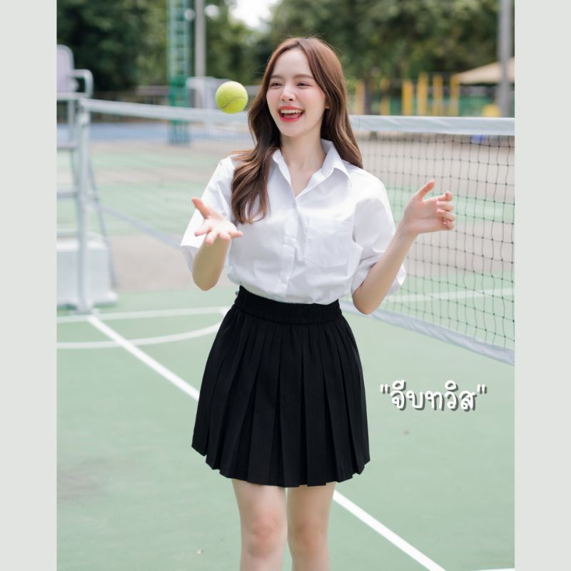 กระโปรงพลีทนักศึกษา พลีทสั้น/พลีทยาว จีบทวิส เอวยางยืด สีดำ