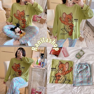 ชุดนอนเสื้อคอกลมลาย Tom &amp; Jerry  แขนยาว+กางเกงยางยืดผ้าคัตตอลผสมยางยืด