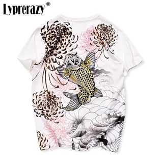 Lyprerazy เสื้อยืดลําลอง แขนสั้น คอกลม ปักลายดอกเบญจมาศ ปลาคาร์พ สไตล์จีน ฮาราจูกุ วินเทจ สําหรับผู้ชาย ผู้หญิง