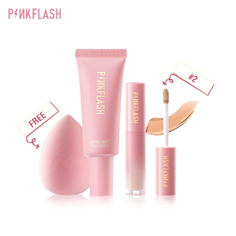 Pinkflash 3 ชิ้น ชุดแต่งหน้า หน้า แมตต์ รองพื้น ปกปิดเต็มรูปแบบ คอนซีลเลอร์ ฟองน้ําแต่งหน้า นุ่ม
