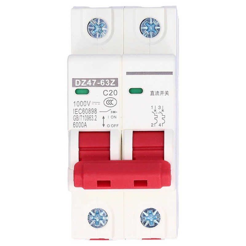 DC 1000V 20A Miniature Circuit Breaker 2P Solar PV System Isolator DIN Rail Mount For DZ47-63Z C20 High Low Voltage Equi