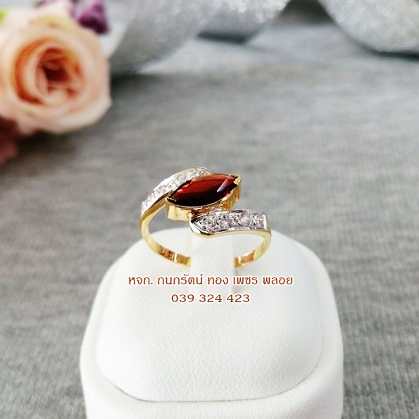 แหวนพลอยโกเมน แบบแหวนไขว้ พลอยแท้ สวยๆ ตัวเรือนทอง 90 สินค้าหลุดจำนำจากร้านทอง จันทบุรี