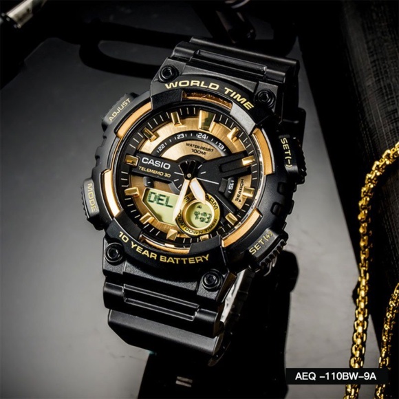 นาฬิกา Casio รุ่น AEQ-110BW-9AVDF นาฬิกาผู้ชาย สายเรซิ่น สีดำ/ทอง - มั่นใจของแท้ 100% รับประกันสินค้า 1 ปี