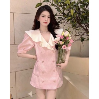 Pink Lamoon น้อนชมพู หวานละมุนผ้า รุ่นนี้ผ้าดีมาก ดีเทลเดรสคอวี ปกขาวระบายรอบคอพริ้วสวย