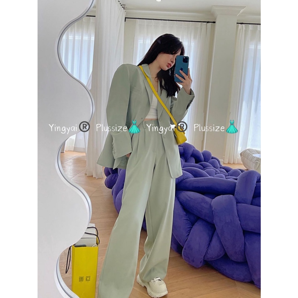 ชุดเซ็ทสาวอวบ 2ชิ้น ไซส์ใหญ่  เสื้อสูทไซส์ใหญ่ Blazer ชุดทำงานสาวอวบ อก40-50"+กางเกงขายาวสาวอวบ งานเ