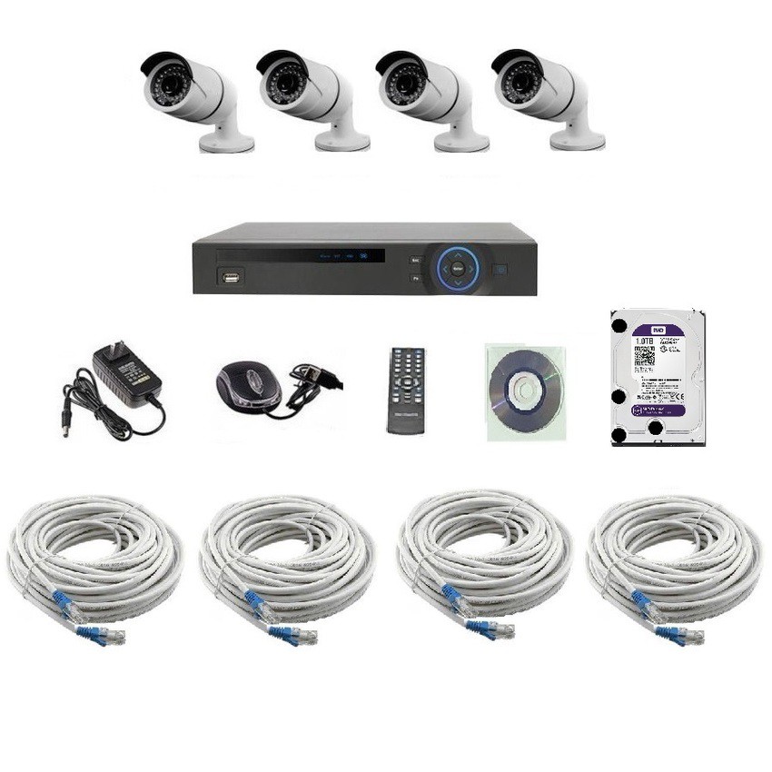 CCTV IP Camera 2 MP 4 จุด มีระบบ NVR POE ในตัว 48V. พร้อมสายแลน และ HDD