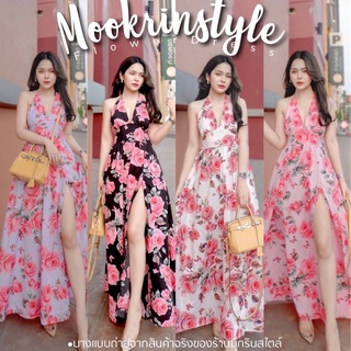 Mookrinstyle เดรสผูกคอโชว์หลังลายดอก ผ้าพิมพ์ลายสวยงาม เนื้อผ้ากระโปรงพริ้ว ชุดไปทะเลเดินชายหาด Maxidress