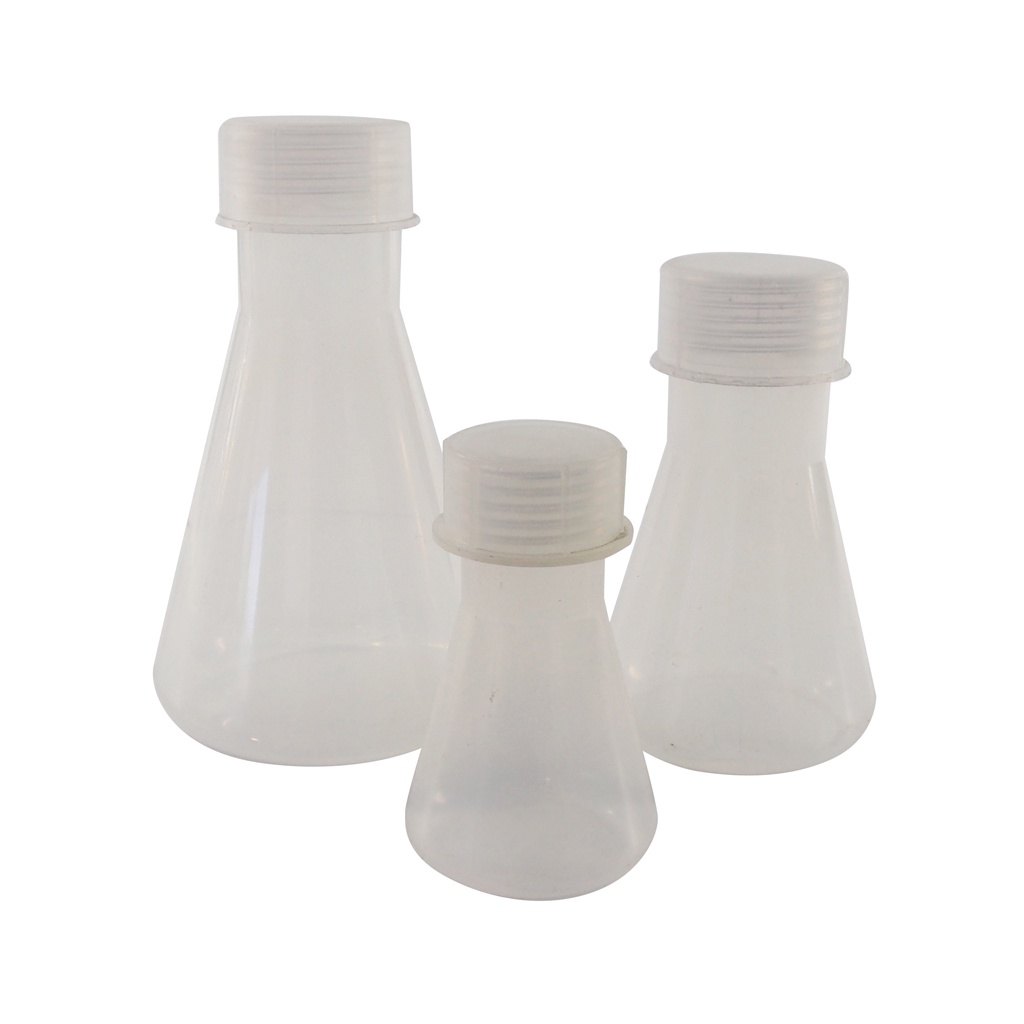 ขวดรูปชมพู่พลาสติกมีฝาปิด (Erlenmeyer Flask with Screw Cap - Plastic PP)