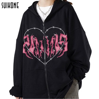 Suikone Y2K เสื้อกันหนาวผู้ชาย แฟชั่นคู่ Hoodie หัวใจพิมพ์รูปแบบฤดูใบไม้ร่วงและฤดูหนาวใหม่หลวมเสื้อแนวโน้มเสื้อลำลอง