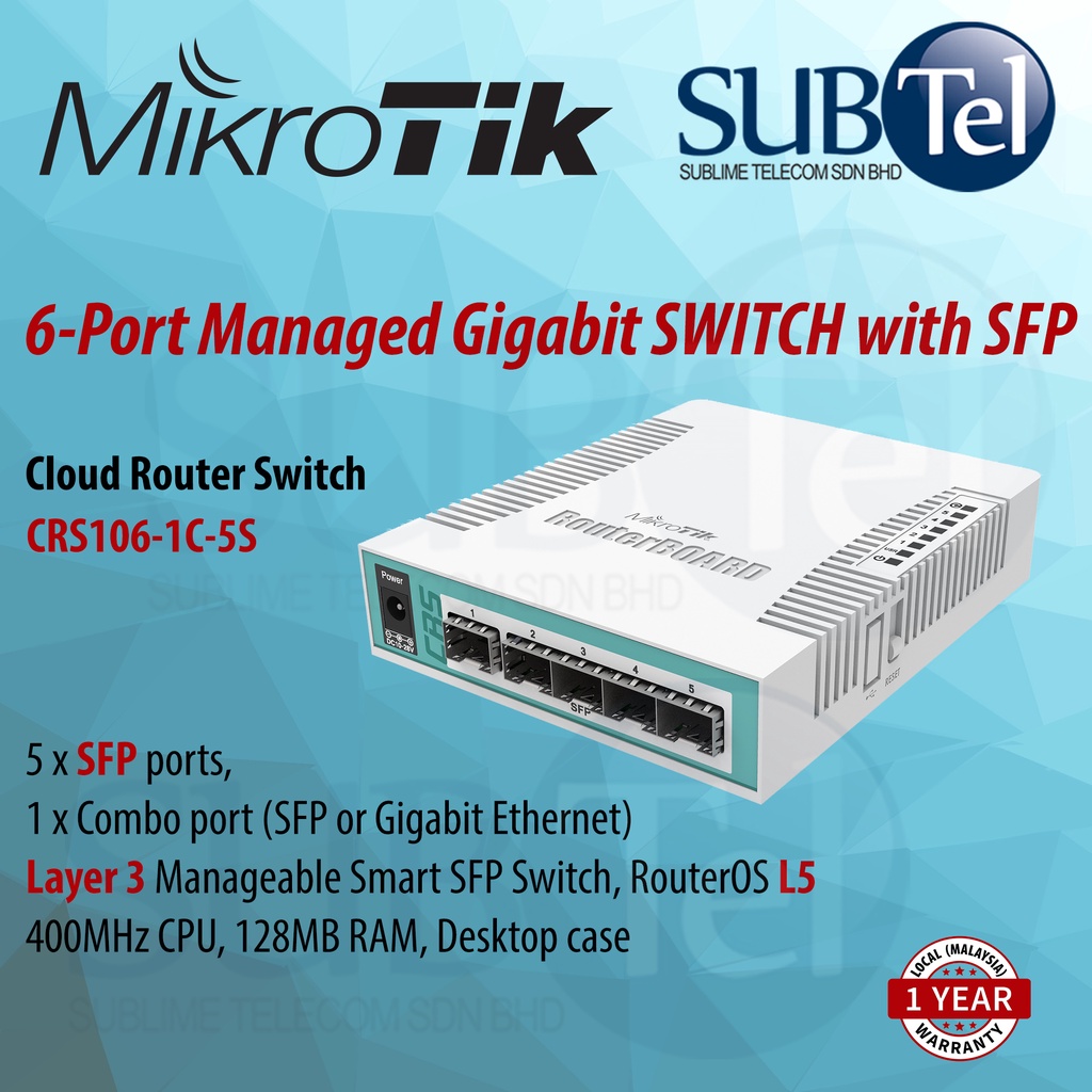 Mikrotik CRS106-1C-5S 6 พอร์ต Gigabit Managed สมาร์ทสวิทช์ 5 พอร์ต SFP RouterOS Fiber Switch CRS