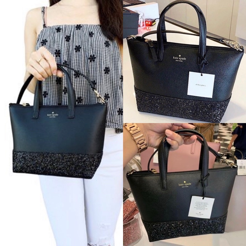 🎀 กระเป๋าสะพายสีดำเลื่อม WKRU5610 kate spade GRETA COURT INA GLITTER CROSSBODY BAG