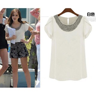 เสื้อชีฟองทรงปล่อย รอบคอแต่งมุกปักประดับ สวยหวาน แฟชั่นสไตล์เกาหลีสบายๆ  B1-A5912