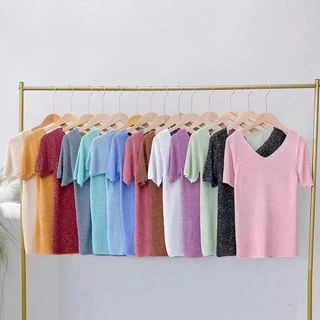เสื้อไหมพรมแขนสั้นวิ้งเสื้อใหมพรมคอวีผ้าทอผสมกลิตเตอร์ตัว