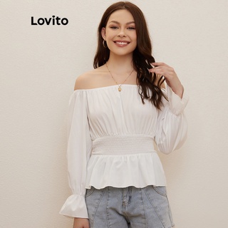 Lovito เสื้อเบลาส์ เปิดไหล่ แขนพอง เรียบง่าย L20D181 (สีขาว)