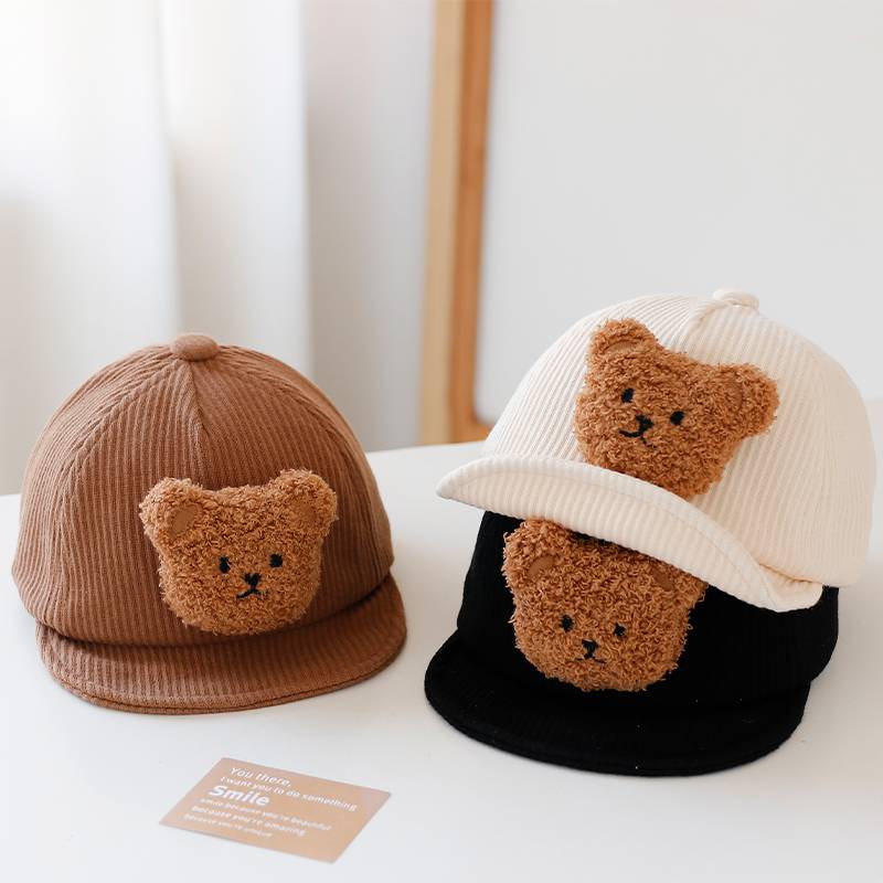 [พร้อมส่ง] หมวกเด็ก 3เดือน - 2ปี รอบหัว:48-50 cm. หมวกแก๊ปเด็ก ผ้าลูกฟูกติดตุ๊กตาหมี หมวกแฟชั่นเด็ก