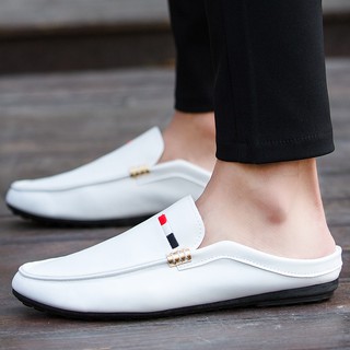 รองเท้าหนังผู้ชาย รองเท้าผ้าใบเปิดส้น 2020 New Fashion slip on Black White