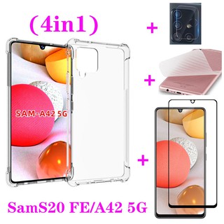 Applicable to: (4 in 1) Samsung Galaxy S20 FE A42 5G M31S M51 rear fingerprint M51 side fingerprint A71 5G A51 5G A70E Four corners anti-drop transparent mobile phone case + full screen tempered glass film + camera lens film + carbon fiber back film